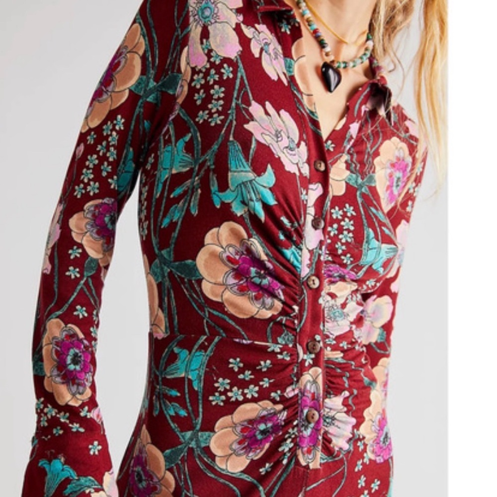 Free People Burgundy Floral Long Sleeve Dress